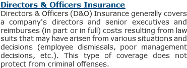 Directors & Officers Insurance
Directors & Officers (D&O) Insurance generally covers a company's directors and senior executives and reimburses (in part or in full) costs resulting from law suits that may have arisen from various situations and decisions (employee dismissals, poor management decisions, etc.). This type of coverage does not protect from criminal offenses.