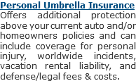 Personal Umbrella Insurance
Offers additional protection above your current auto and/or homeowners policies and can include coverage for personal injury, worldwide incidents, vacation rental liability, and defense/legal fees & costs.