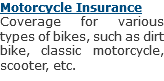 Motorcycle Insurance
Coverage for various types of bikes, such as dirt bike, classic motorcycle, scooter, etc.